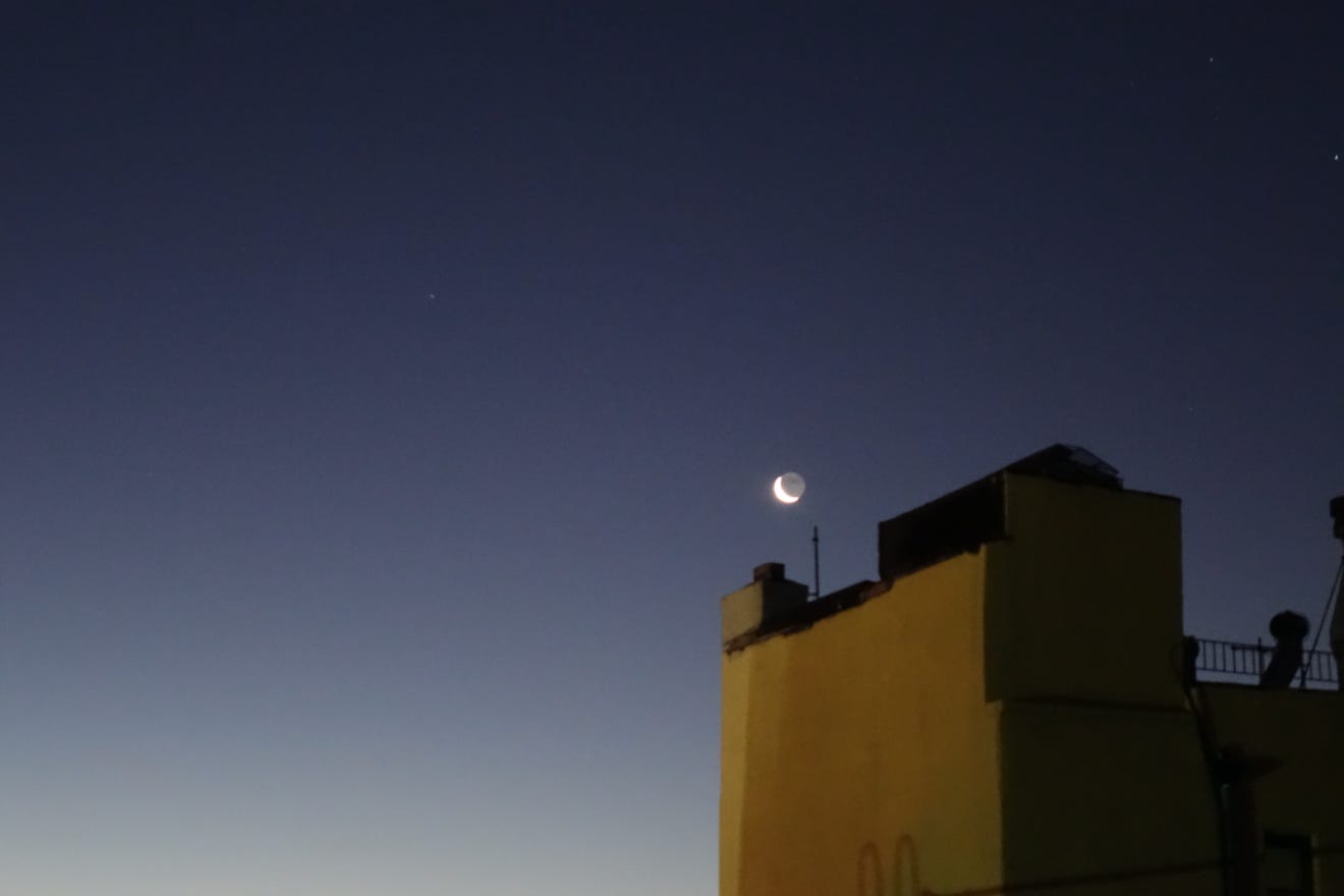 Crescent moon, city of NY, building, night